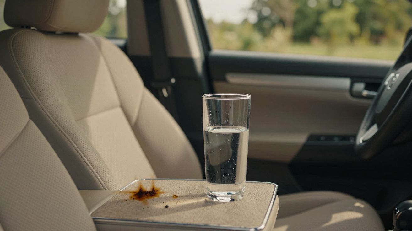 Pahar cu apă pe cotiera unui scaun auto, lângă o pată maro.