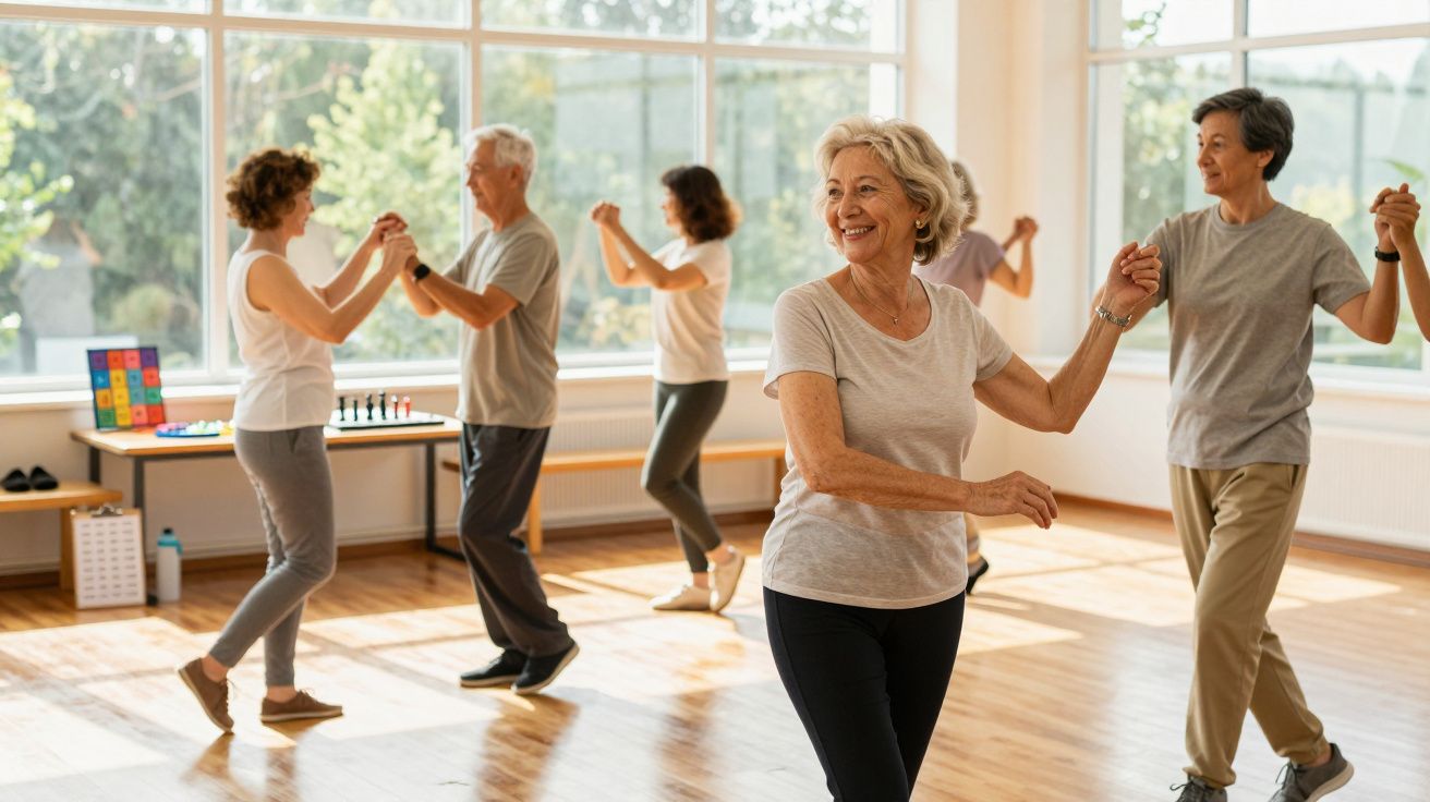Seniori dansând într-o sală luminoasă cu ferestre mari și podea de lemn.