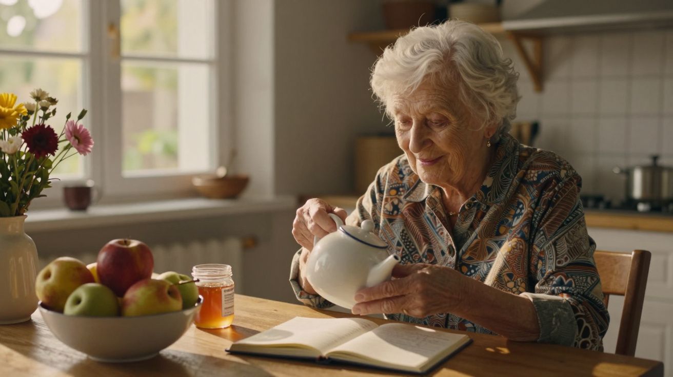Femeie în vârstă turnând ceai, la o masă cu fructe și flori, într-o bucătărie luminoasă.