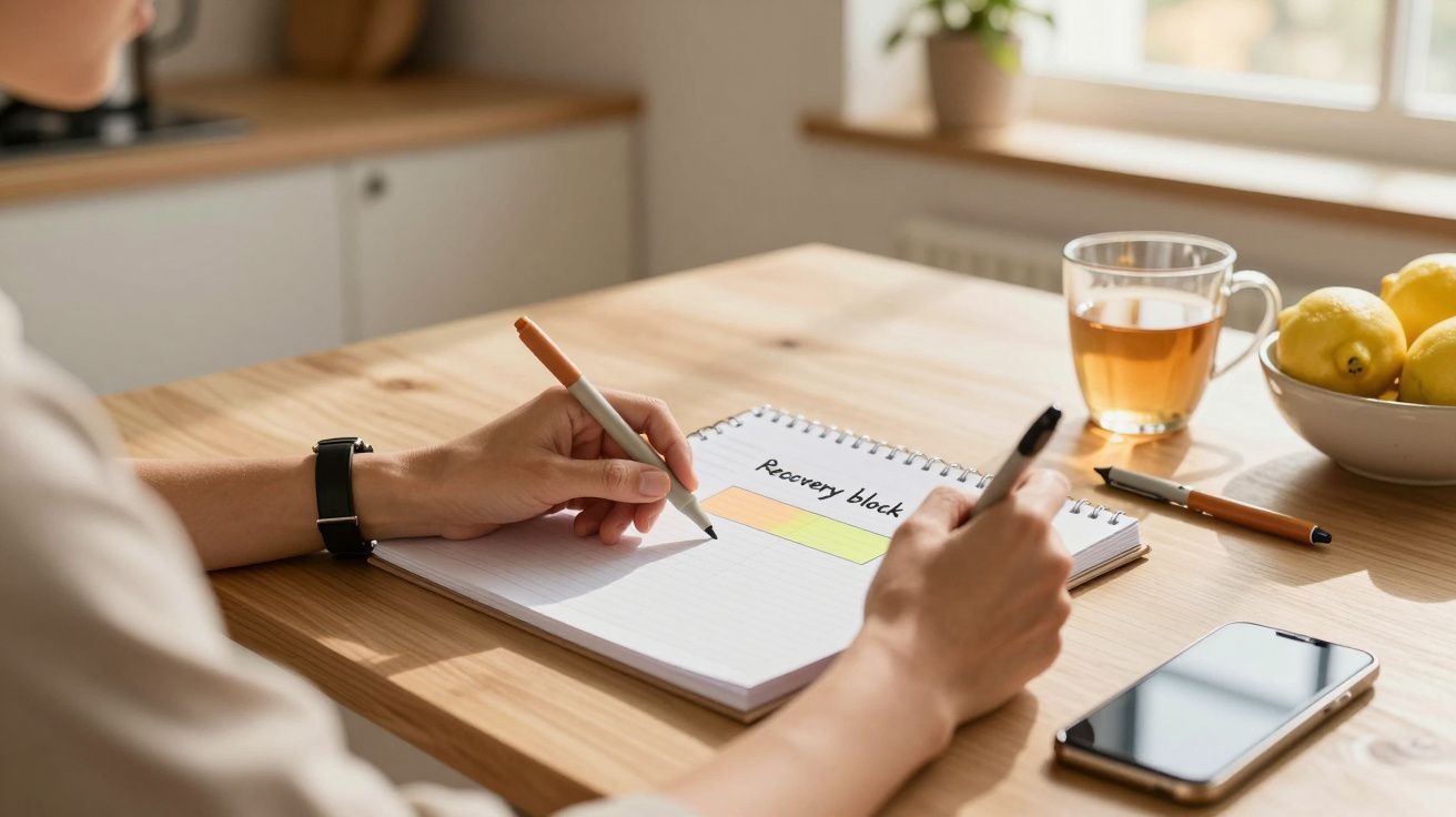 Persoană scriind în agendă, cu o cană de ceai, lămâi și telefon pe masă iluminată de soare.