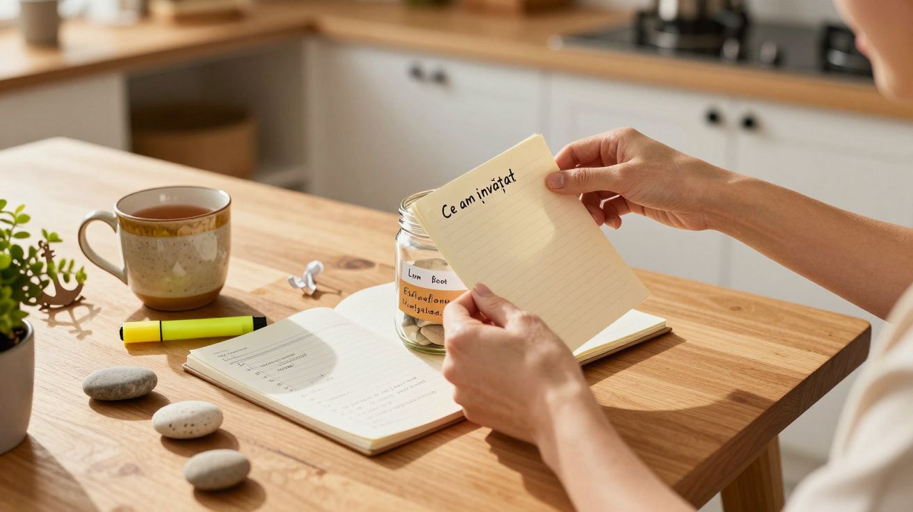 O persoană ține o notă pe care scrie "Ce am învățat", lângă un carnet deschis, un marker galben și o cană cu ceai.