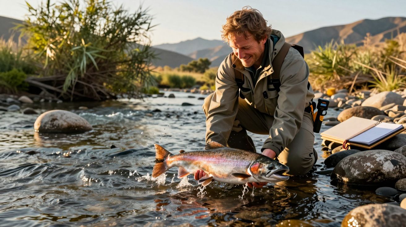 Bărbat zâmbind prinde un pește mare într-un râu pietros, sub un cer senin și peisaj montan.