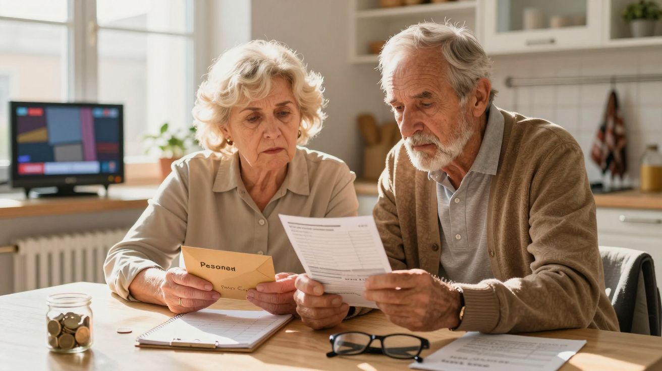 Cuplu de vârstnici examinând documente financiare la masă într-o bucătărie bine luminată.