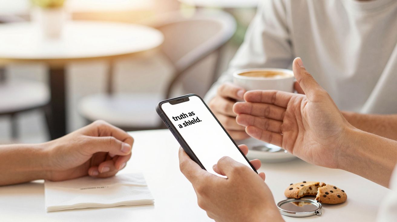 Trei persoane discută la o masă cu cafea, telefonul afișează mesajul "truth as a shield", biscuiți alături.