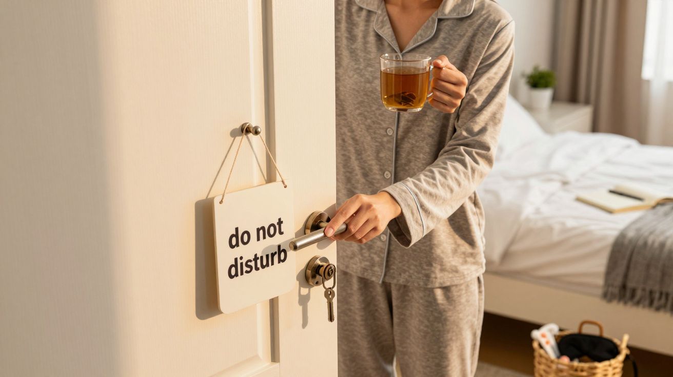 Persoană în pijama ținând o cană de ceai lângă o ușă cu semnul "do not disturb".