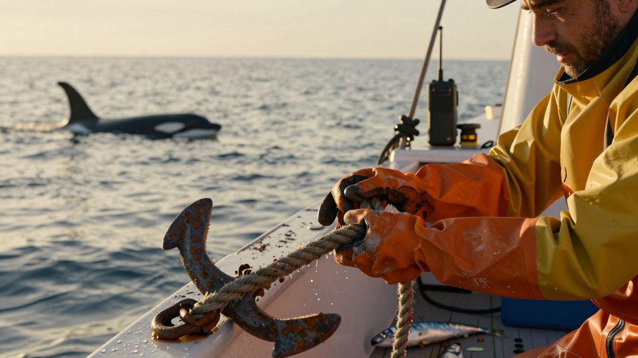 Pescar pe barcă trăgând un ancoraj, în fundal o balenă orcă înotând în mare sub cer senin.