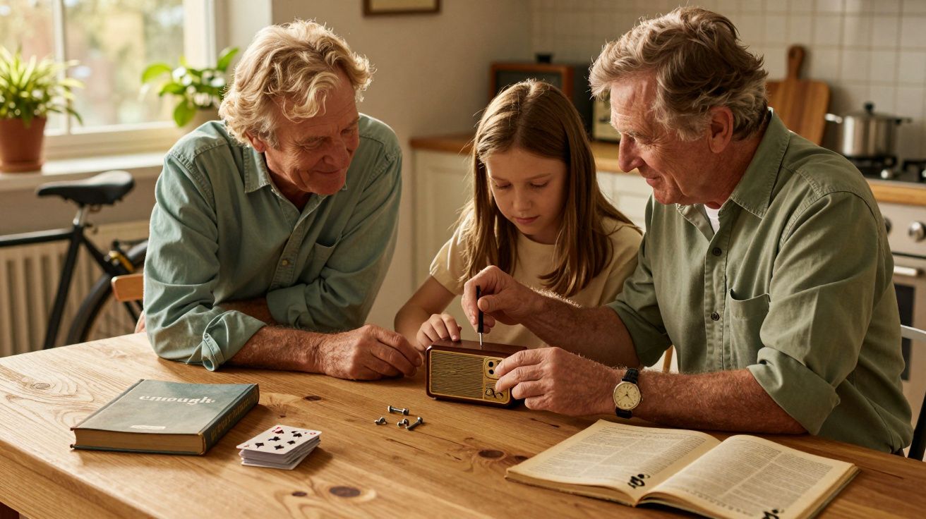 Doi bărbați și o fată asamblează un radio la masă, înconjurați de cărți și cărți de joc.