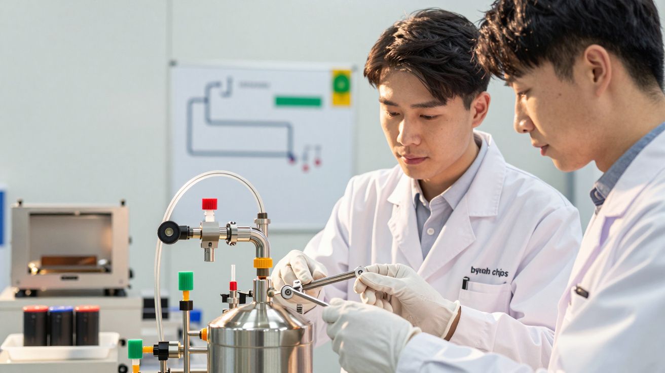 Doi cercetători în halate albe folosesc un echipament de laborator într-un mediu științific.