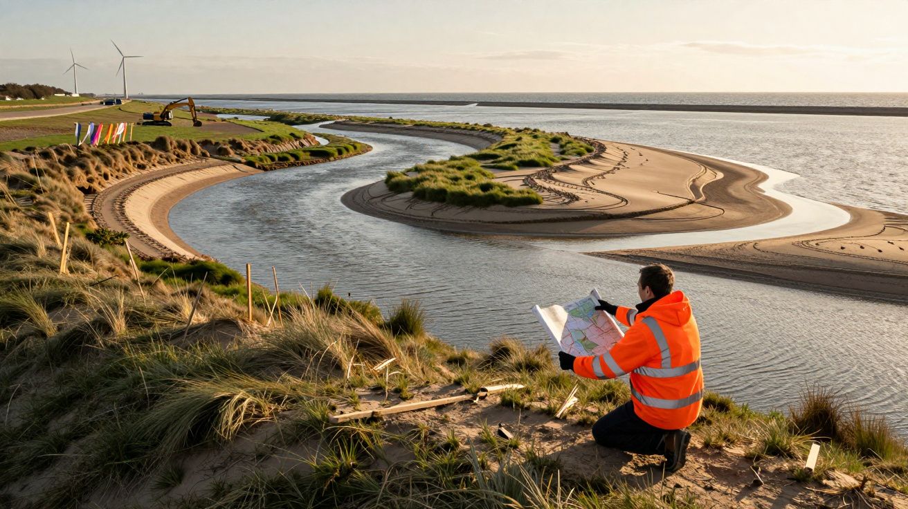Bărbat în haină reflectorizantă examinează o hartă lângă o albie cu vegetație, eoliene în fundal.