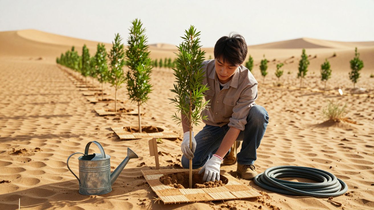 Bărbat plantând un copac tânăr în deșert, alături de o găleată pentru udare și un furtun.