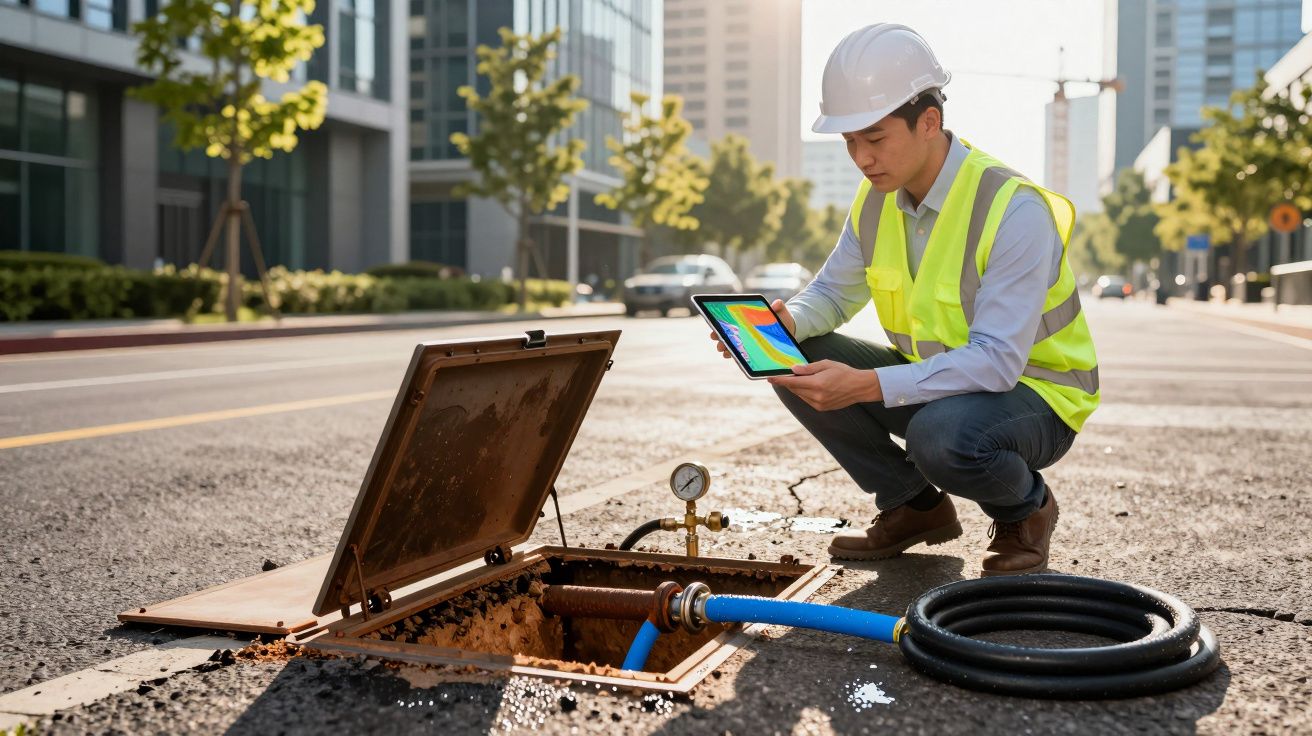 Muncitor cu cască și vestă reflectorizantă analizând un tabletă lângă un cămin de canalizare deschis pe o stradă urbană.