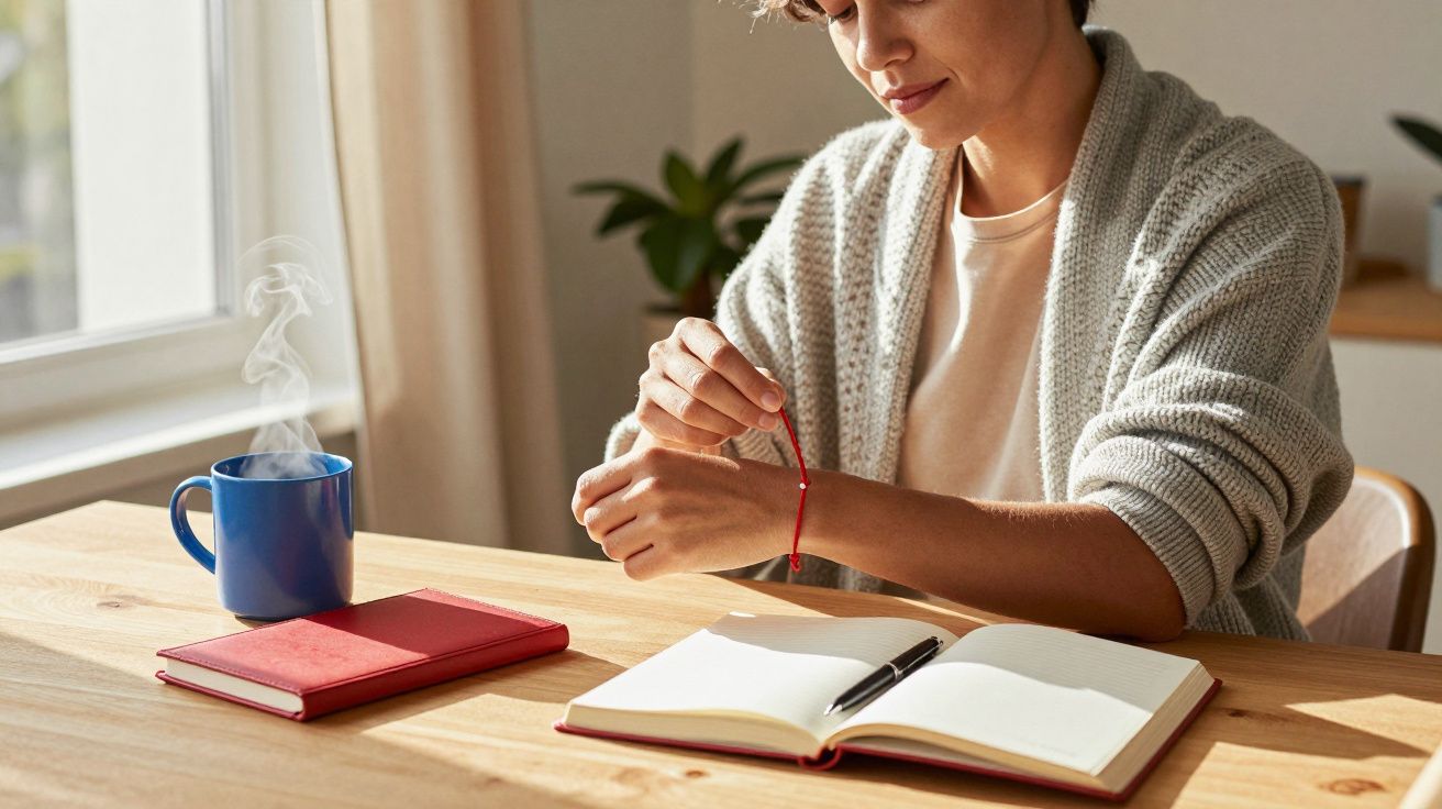 Persoană la birou, verificând brățara, cu un caiet și un pix deschise, o cană albastră cu abur pe masă.