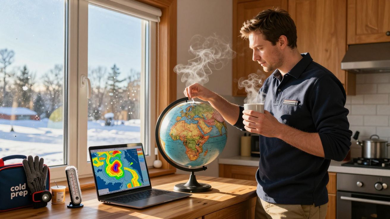 Bărbat lângă glob cu laptop, ținând o ceașcă de cafea aburindă, într-o bucătărie luminoasă cu vedere la zăpadă.