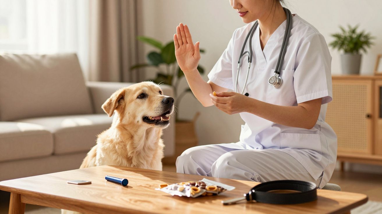 Veterinară în halat alb dă comenzi unui câine auriu în sufragerie, având instrumente medicale pe masă.