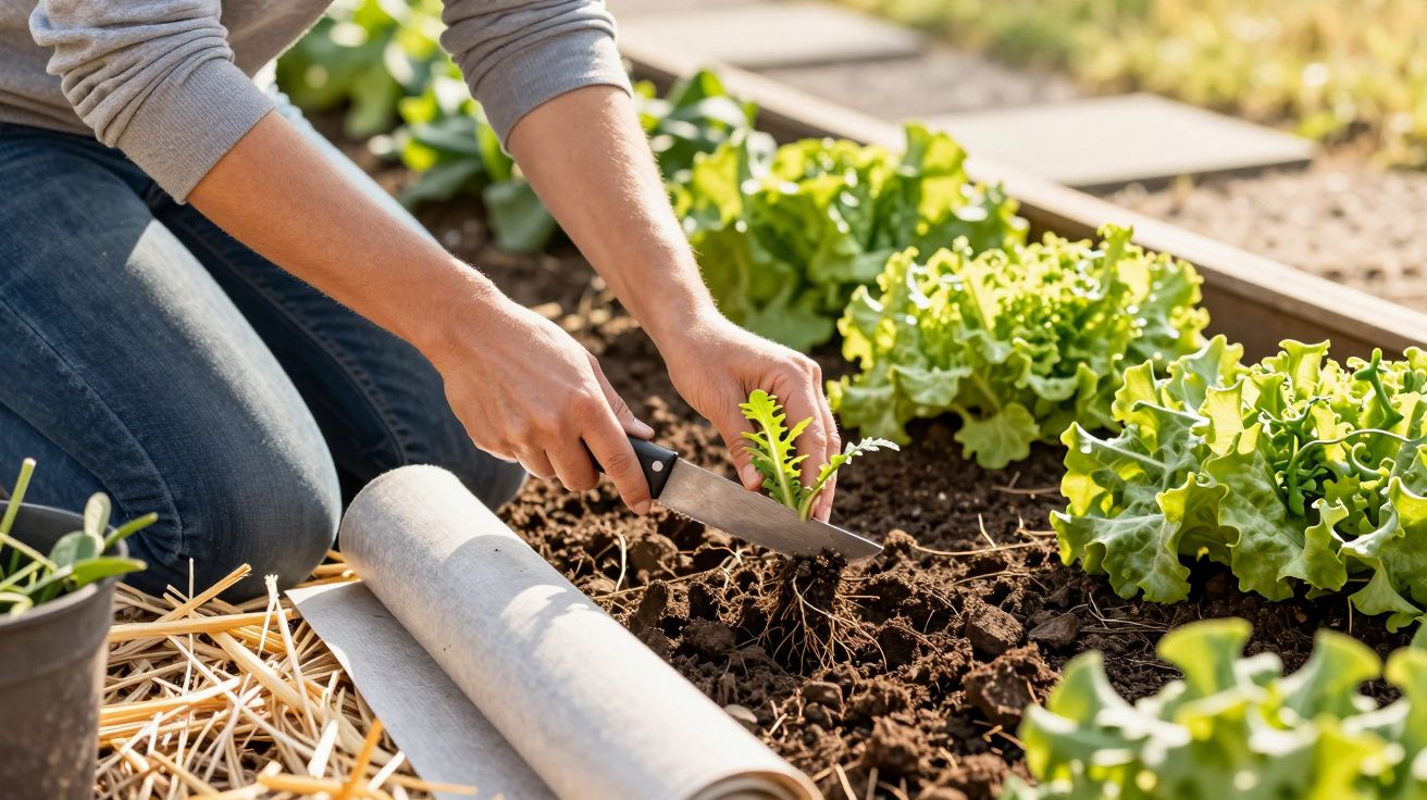 Persoană în grădină, recoltând salată verde cu un cuțit, pe fundal fiind plante în creștere.
