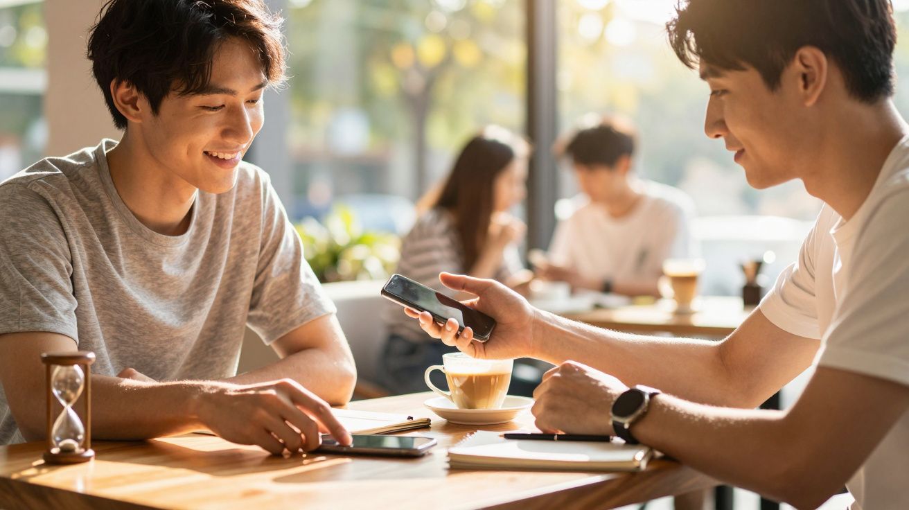 Două persoane stând împreună la o masă într-o cafenea, folosind smartphone-uri și bucurându-se de o conversație.