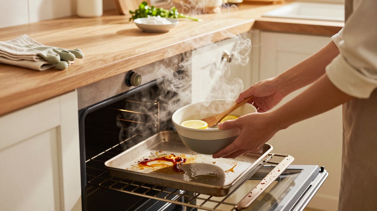 O persoană scoate o farfurie cu lămâi aburindă dintr-un cuptor deschis, în bucătărie.