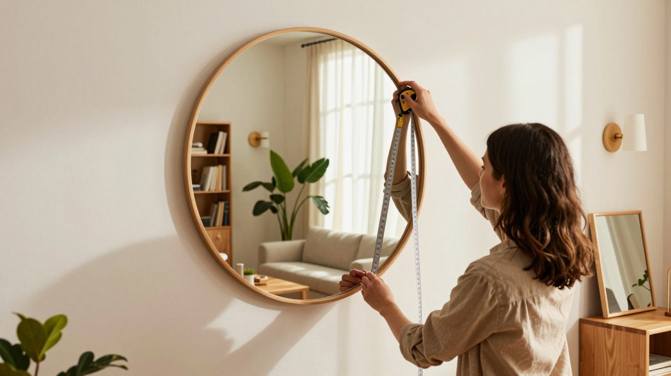Femeie măsoară un oglindă rotundă mare într-o cameră luminoasă cu mobilă din lemn și plante verzi.