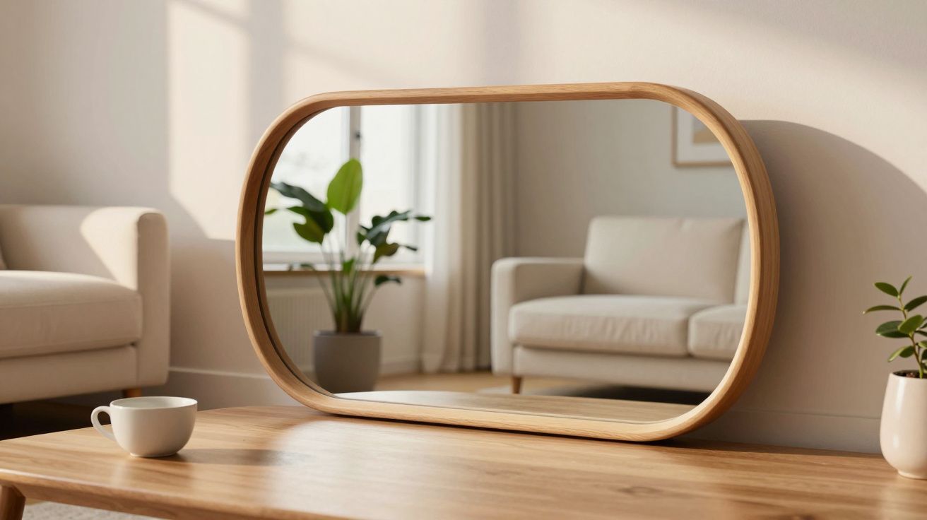 Oglindă cu rame din lemn pe masă, reflectând un living cu canapele albe și plante.