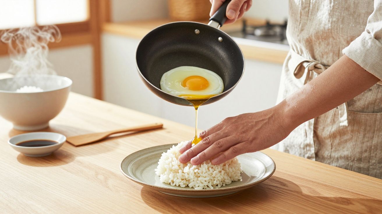 O persoană servește un ou prăjit peste o porție de orez pe un platou, în bucătărie.