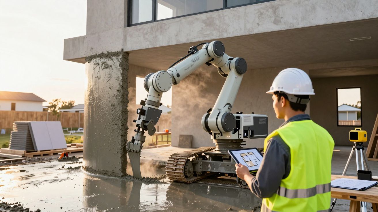 Robot de construcție aplicând beton pe un șantier, controlat de un muncitor în echipament de protecție.