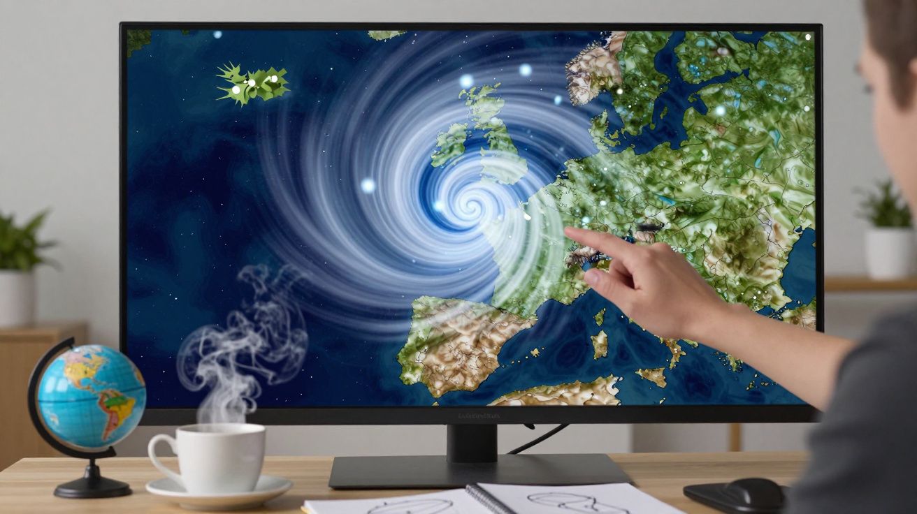 Persoană indicând spre un ecran de computer cu hartă meteo a Europei, furtună vizibilă pe ecran, glob pământesc și ceașcă de 