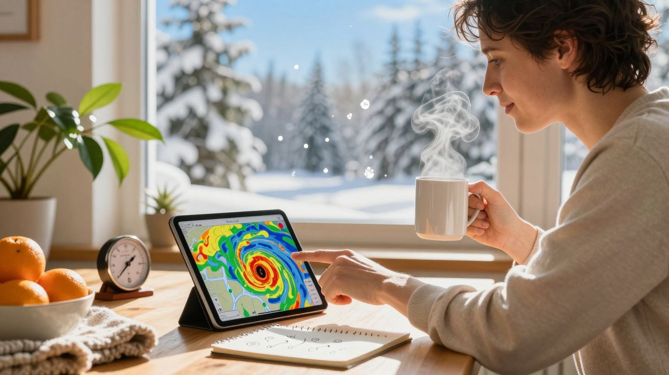 Persoană verificând prognoza meteo pe tabletă, cu cană de cafea, lângă fereastră cu peisaj de iarnă.