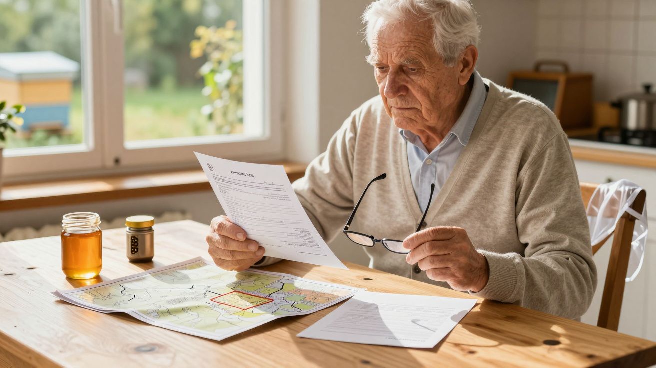 Bărbat în vârstă, citind documente și o hartă la o masă de lemn, cu un borcan de miere în apropiere.