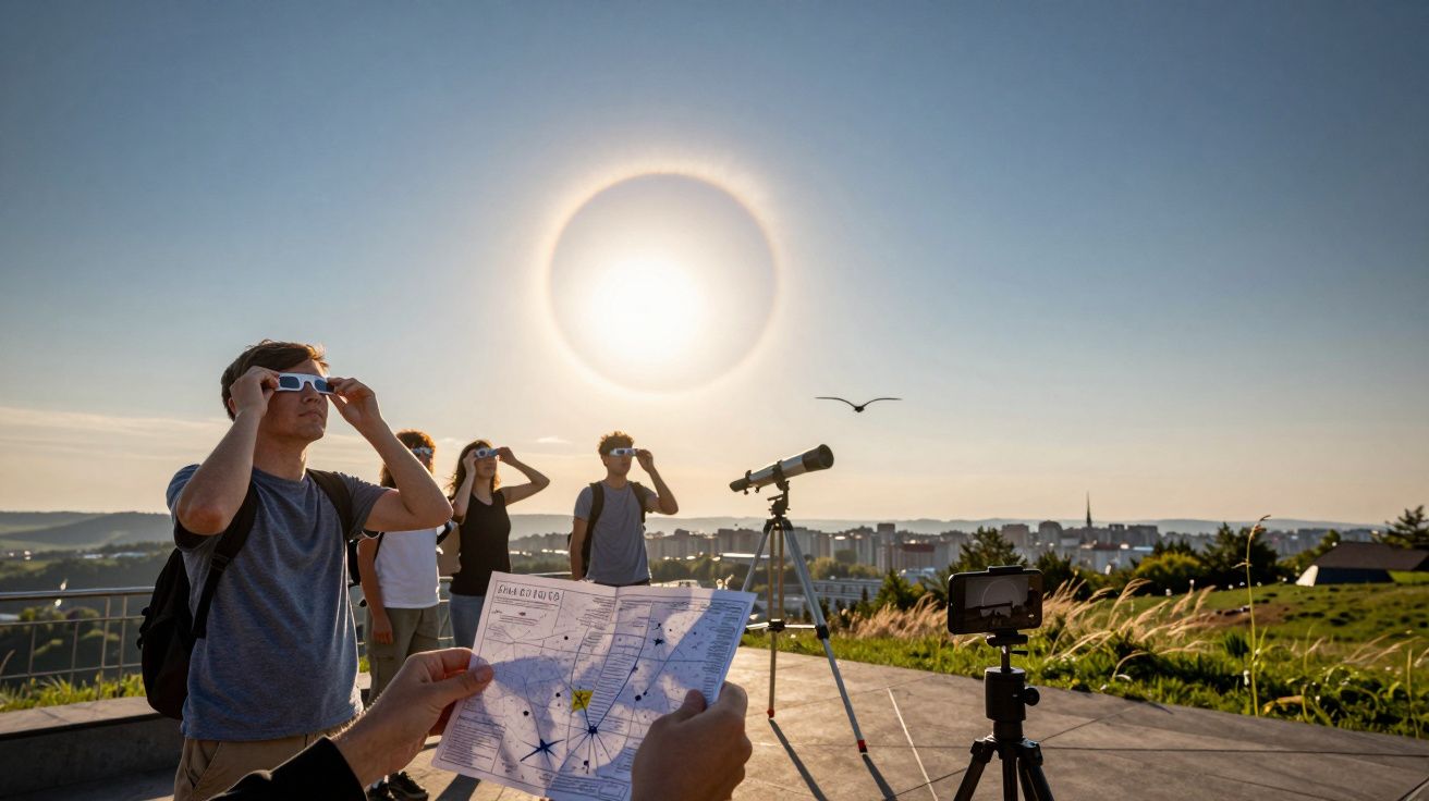 Oamenii privesc fenomenul ceresc purtând ochelari speciali, un telescop și o hartă, iar soarele strălucește pe cer.