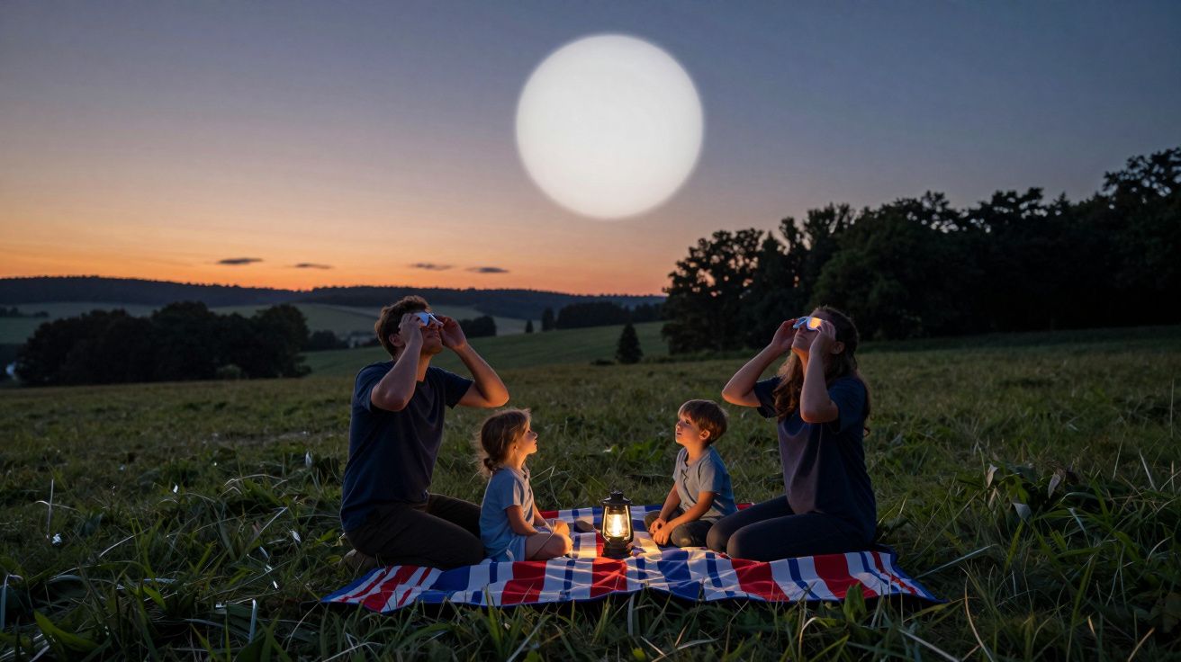 Familie stând pe o pătură pe câmp, privind cerul prin binocluri sub o lună uriașă la apus.